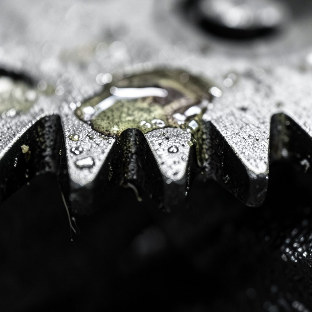Extreme close-up of steel gear teeth with oil film, industrial grey tones